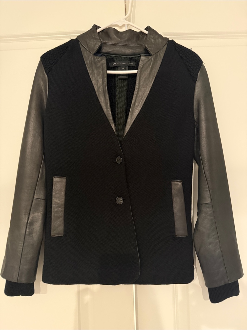 Marc by Marc Jacobs Black Mixed-Media Blazer with Leather Sleeves